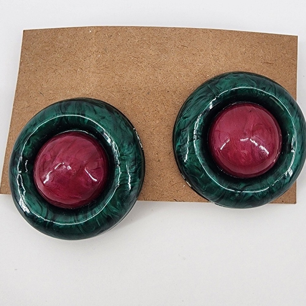 Vintage Marbled Green and Burgundy Resin Post Earrings Retro Statement